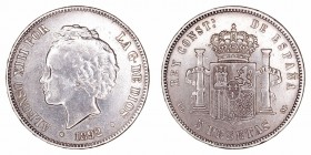 Alfonso XIII
5 Pesetas. AR. 1892 *18-92 PGM. Serie 24.65. Cal.19. Limpiada. (MBC).