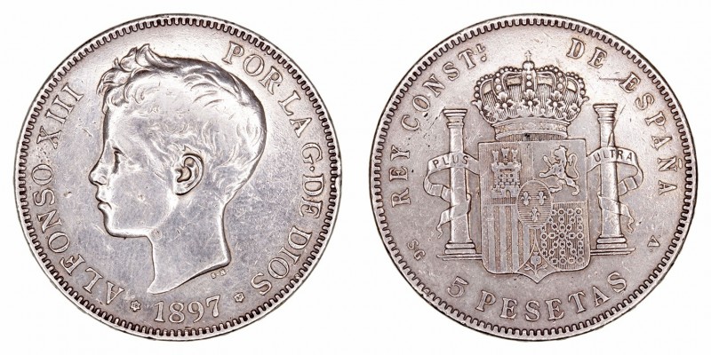 Alfonso XIII
5 Pesetas. AR. 1897 *18-97 SGV. 24.81g. Cal.81. Ligeramente limpia...