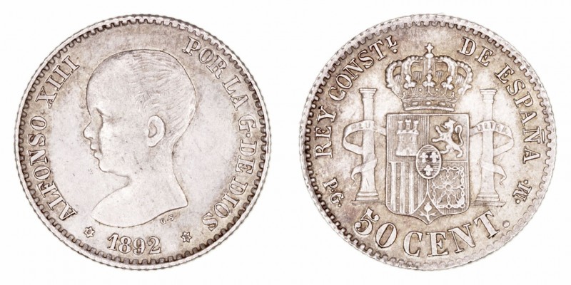 Alfonso XIII
50 Céntimos. AR. 1892 *9-2 PGM. 2.52g. Cal.55. Suave y bonita páti...