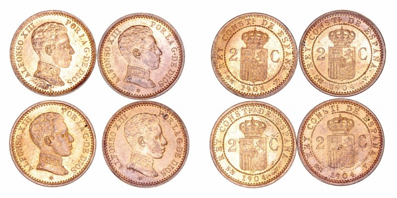 Alfonso XIII
2 Céntimos. AE. 1904 *04 SMV. Lote de 4 monedas. Cal.67. EBC.