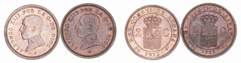 Alfonso XIII
2 Céntimos. AE. 1912 *12 PCV. Lote de 2 monedas. Cal.75. EBC a MBC...