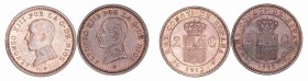 Alfonso XIII
2 Céntimos. AE. 1912 *12 PCV. Lote de 2 monedas. Cal.75. EBC a MBC.