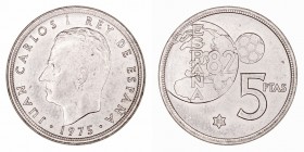Juan Carlos I
5 Pesetas. Cuproníquel. 1975 *80. Error del Mundial. 5.67g. Cal.124. Escasa. EBC-.