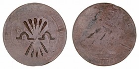 Fichas, resellos y curiosidades
10 Céntimos. AE. (1870). Con resello de la Falange Española. Escaso así. (MBC).