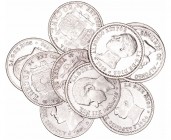 Lotes de Conjunto
50 Céntimos. AR. Lote de 10 monedas. 1880, 1881 (2), 1885, 1892, 1904, 1910 y 1926 (2). Algunas estrellas visibles. MBC+ a BC.