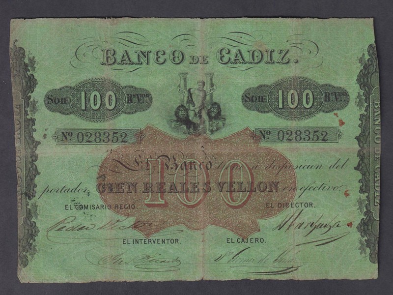 Banco de Cádiz
100 Reales de vellón. III emisión. Sin fecha. Verde. Tampón en r...