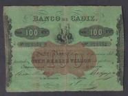 Banco de Cádiz
100 Reales de vellón. III emisión. Sin fecha. Verde. Tampón en reverso. ED.78. Doblado en ocho partes. (MBC-).