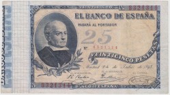 Banco de España
25 Pesetas. 24 Julio 1893. Sin serie. Jovellanos. ED.300. Ligeramente reparado en margen superior de doblez central, por lo demás bue...