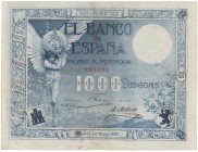 Banco de España
1000 Pesetas. 10 mayo 1907. Sin serie. ED.317. Muy buen ejemplar de esta rara emisión. Muy raro así. EBC.