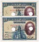 Guerra Civil-Zona Republicana, Banco de España
25 Pesetas. 15 agosto 1928. Serie B. Lote de 2 billetes. Tampón INUTILIZADO y dos de agujero. ED.353n....