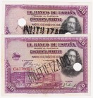 Guerra Civil-Zona Republicana, Banco de España
50 Pesetas. 15 agosto 1928. Serie C. Lote de 2 billetes. Tampón INUTILIZADO y dos de agujero. ED.354n....