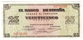 Estado Español, Banco de España
25 Pesetas. Burgos, 20 mayo 1938. Serie D. ED.430a. Lavado y planchado. EBC.