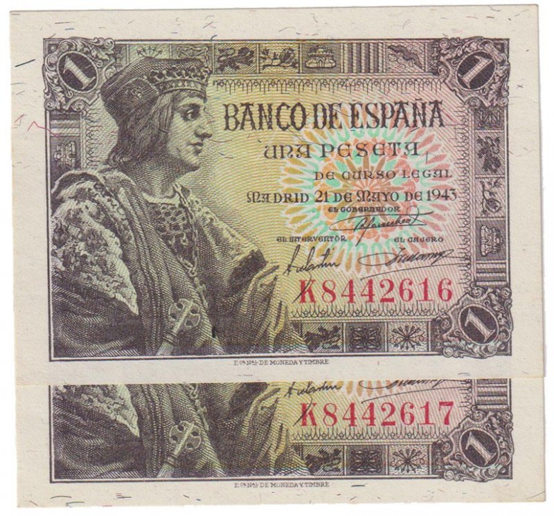 Estado Español, Banco de España
1 Peseta. 21 mayo 1943. Serie K. Pareja correla...