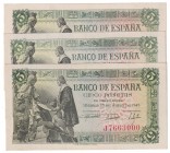 Estado Español, Banco de España
5 Pesetas. 15 junio 1945. Serie J. Lote de 3 billetes. ED.449a. EBC+.