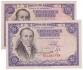Estado Español, Banco de España
25 Pesetas. 19 febrero 1946. Serie G. Lote de 2 billetes. ED.450a. Planchados. (EBC+).