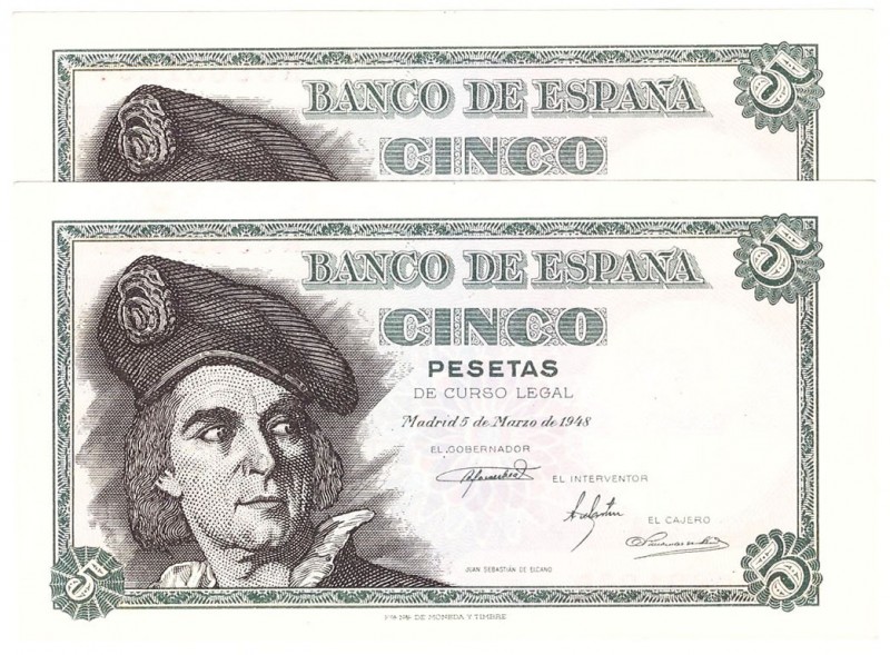 Estado Español, Banco de España
5 Pesetas. 5 marzo 1948. Serie K. Lote de 2 bil...