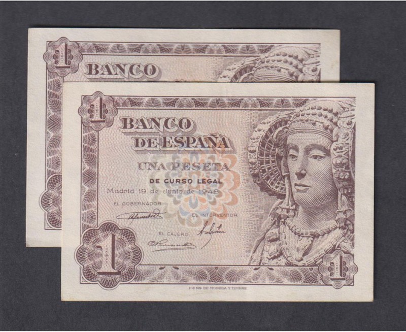 Estado Español, Banco de España
1 Peseta. 19 junio 1948. Sin serie. Pareja corr...