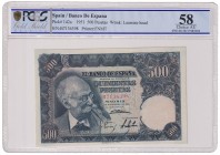 Estado Español, Banco de España
500 Pesetas. 15 noviembre 1951. Serie B. ED.460a. Certificado por la PCGS como Choice AU 58. EBC+.