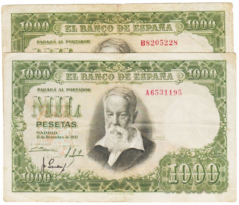 Estado Español, Banco de España
1000 Pesetas. 31 diciembre 1951. Lote de 2 bill...