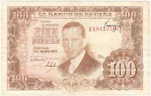 Estado Español, Banco de España
100 Pesetas. 7 abril 1953. Serie 1X. La firma del cajero al revés y sobre la numeración de anverso. ED.464c vte. Muy ...