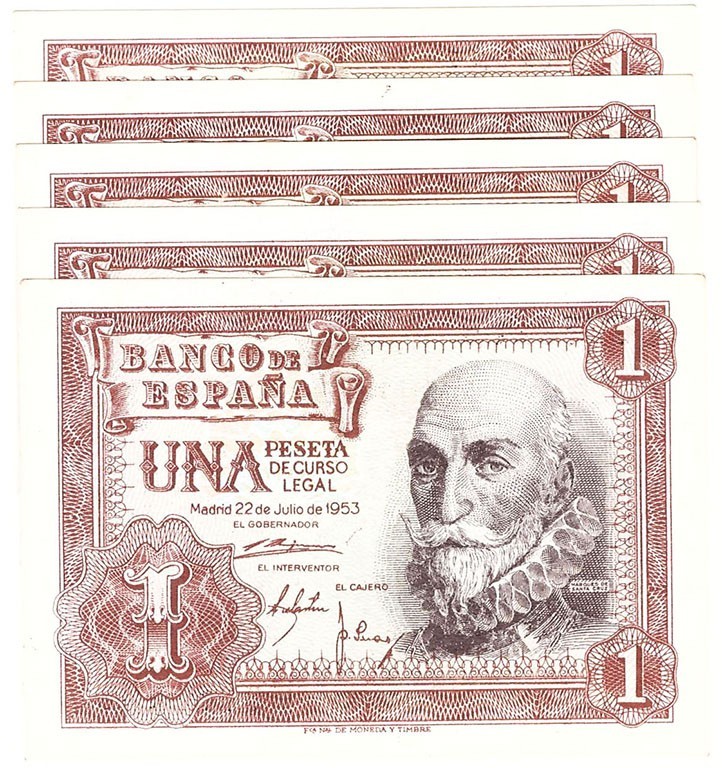 Estado Español, Banco de España
1 Peseta. 22 julio 1953. Serie Y. Lote de 5 bil...