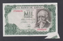 Estado Español, Banco de España
1000 Pesetas. 17 septiembre 1971. Serie P. Fuelle en la esquina inferior derecha. ED.474a. Escaso. EBC-.