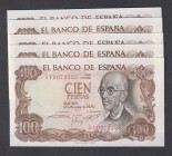 Estado Español, Banco de España
100 Pesetas. 17 noviembre 1970. Serie 5Y. Lote de 5 billetes correlativos. ED.472b. SC.