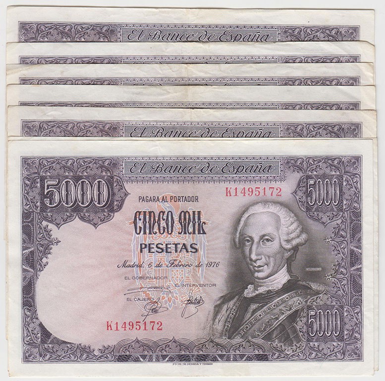Juan Carlos I, Banco de España
5000 Pesetas. 6 febrero 1976. Lote de 7 billetes...