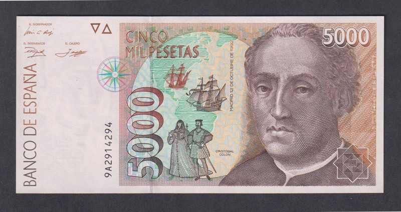 Juan Carlos I, Banco de España
5000 Pesetas. 12 octubre 1992. Serie 9A. ED.484b...