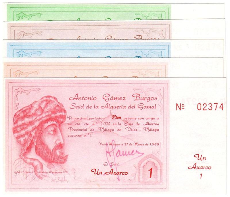 Billetes locales
Axarcos. 1988. Antonio Gámez Burgos. Serie de 5 valores. 1 y 5...