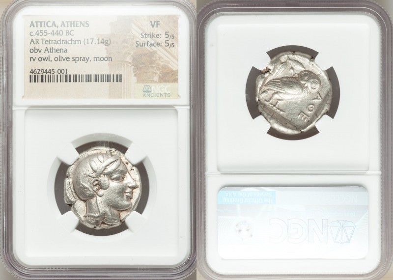 ATTICA. Athens. Ca. 455-440 BC. AR tetradrachm (25mm, 17.14 gm, 7h). NGC VF 5/5 ...