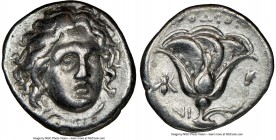 CARIAN ISLANDS. Rhodes. Ca. 305-275 BC. AR didrachm (19mm, 11h). NGC Choice VF. Head of Helios facing, turned slightly right, hair parted in center an...