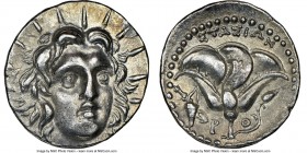 CARIAN ISLANDS. Rhodes. Ca. 205-190 BC. AR didrachm (21mm, 11h). NGC AU. Ca. 205-195 BC, Stasion, magistrate. Radiate head of Helios facing, turned sl...