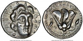 CARIAN ISLANDS. Rhodes. Ca. 205-190 BC. AR didrachm (20mm, 1h). NGC Choice XF. Onasandros, magistrate. Radiate head of Helios facing, turned slightly ...