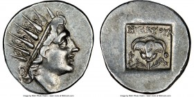 CARIAN ISLANDS. Rhodes. Ca. 88-84 BC. AR drachm (17mm, 2.65 gm, 12h). NGC Choice XF S. Plinthophoric standard, Nicagoras, magistrate. Radiate head of ...