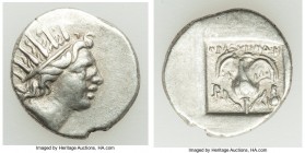 CARIAN ISLANDS. Rhodes. Ca. 88-84 BC. AR drachm (14mm, 2.49 gm, 12h). VF. Plinthophoric standard, Thrasymede(s), magistrate. Radiate head of Helios ri...