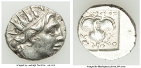 CARIAN ISLANDS. Rhodes. Ca. 88-84 BC. AR drachm (14mm, 2.34 gm, 12h). XF. Plinthophoric standard, Nicephorus, magistrate. Radiate head of Helios right...