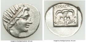 CARIAN ISLANDS. Rhodes. Ca. 88-84 BC. AR drachm (15mm, 2.65 gm, 12h). XF. Plinthophoric standard, Nicagoras, magistrate. Radiate head of Helios right ...