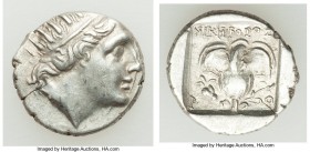 CARIAN ISLANDS. Rhodes. Ca. 88-84 BC. AR drachm (14mm, 2.14 gm, 12h). XF. Plinthophoric standard, Nicephorus, magistrate. Radiate head of Helios right...