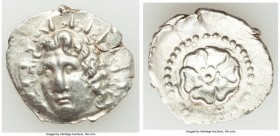 CARIAN ISLANDS. Rhodes. Ca. 84-30 BC. AR drachm (23mm, 3.87 gm, 12h). AU, edge split. Radiate head of Helios facing, turned slightly left, hair parted...