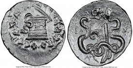 PHRYGIA. Synnada. Ca. 166-128 BC. AR cistophorus (28mm, 12.64 gm, 12h). NGC Choice AU 4/5 - 3/5. Ca. AD 160-150, Arn-, magistrate. Serpent emerging fr...