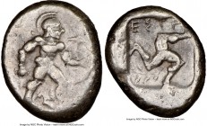 PAMPHYLIA. Aspendus. Ca. mid-5th century BC. AR stater (22mm, 2h). NGC Choice VF. Ca. 460-420 BC. Helmeted, nude hoplite advancing right, holding swor...