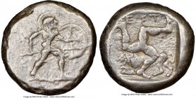 PAMPHYLIA. Aspendus. Ca. mid-5th century BC. AR stater (21mm, 7h). NGC Choice VF, brushed. Helmeted nude hoplite warrior advancing right, shield in le...