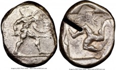PAMPHYLIA. Aspendus. Ca. mid-5th century BC. AR stater (22mm, 1h). NGC Choice VF, test cut. Helmeted nude hoplite warrior advancing right, shield in l...