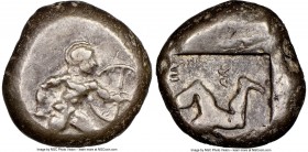 PAMPHYLIA. Aspendus. Ca. mid-5th century BC. AR stater (19mm, 12h). NGC VF. Helmeted nude hoplite warrior advancing right, shield in left hand, spear ...