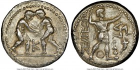 PISIDIA. Selge. Ca. 325-250 BC. AR stater (23mm, 7.37 gm, 12h). NGC XF 5/5 - 3/5. Wrestlers grappling, K between / ΣΕΛΓΕΩΝ, slinger striding right, pu...