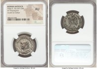 SYRIA. Antioch. Philip II, as Caesar (AD 247-249). BI tetradrachm (26mm, 6h). NGC AU. AD 249. MAP IOYΛI ΦIΛIΠΠOC KЄCAP, radiate, draped bust of Philip...