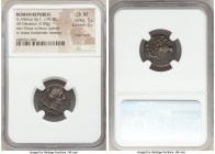 A. Albinus Sp.f. (ca. 96 BC). AR denarius (18mm, 3.50 gm, 6h). NGC Choice XF 5/5 - 2/5, edge marks. Rome. ROMA, draped bust of Diana right, wearing st...