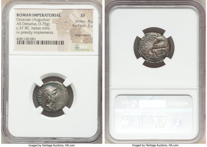 Octavian, as Triumvir (43-32 BC). AR denarius (19mm, 3.75 gm, 10h). NGC XF 4/5 -...
