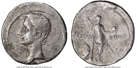 Octavian, as Imperator (43-27 BC). AR denarius (20mm, 9h). NGC Choice Fine, graffito. Italian mint (Rome?), ca. 32-31 BC. Anepigraphic, bare head of O...
